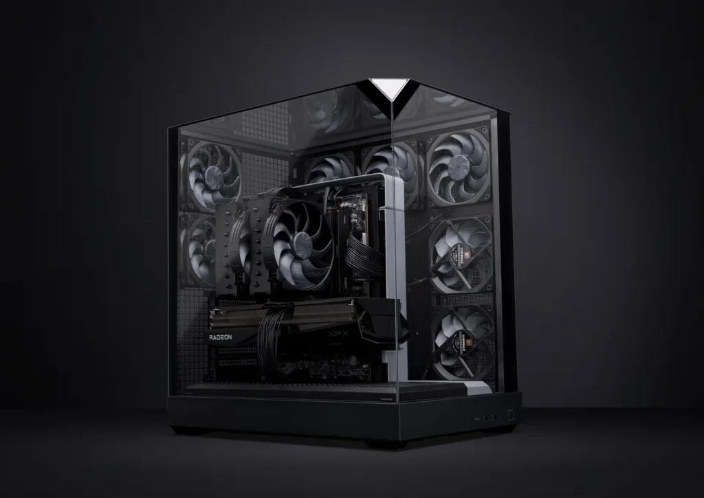 A PC build with multiple cooling fans, showcasing an all-black aesthetic