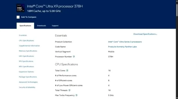 Intel 'Panther Lake' Core Ultra X9 378H processor die shot.