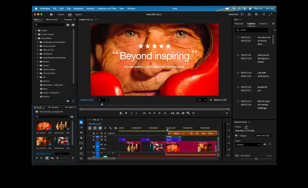 MacBook Pro screen showing a film being edited in Adobe Premiere