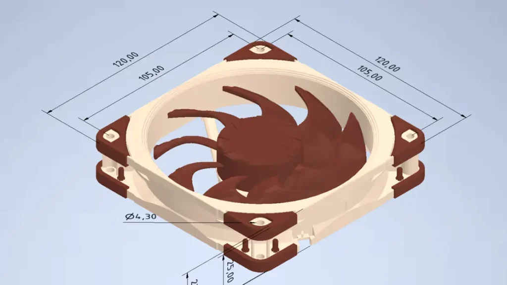 Annotated CAD diagram of Noctua NF-A12x25 G2 fan showing key engineering features