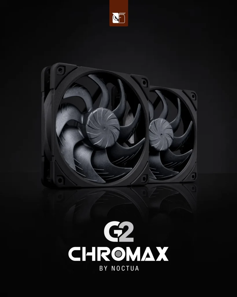 Two black Noctua Chromax G2 cooling fans against a dark background